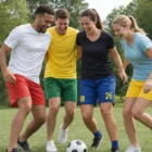 Four women play soccer on grass, all wearing Women's Soccer Shorts and smiling together.
