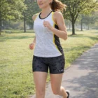 Woman jogging in Women's Volleyball Shorts on a sunny park path.