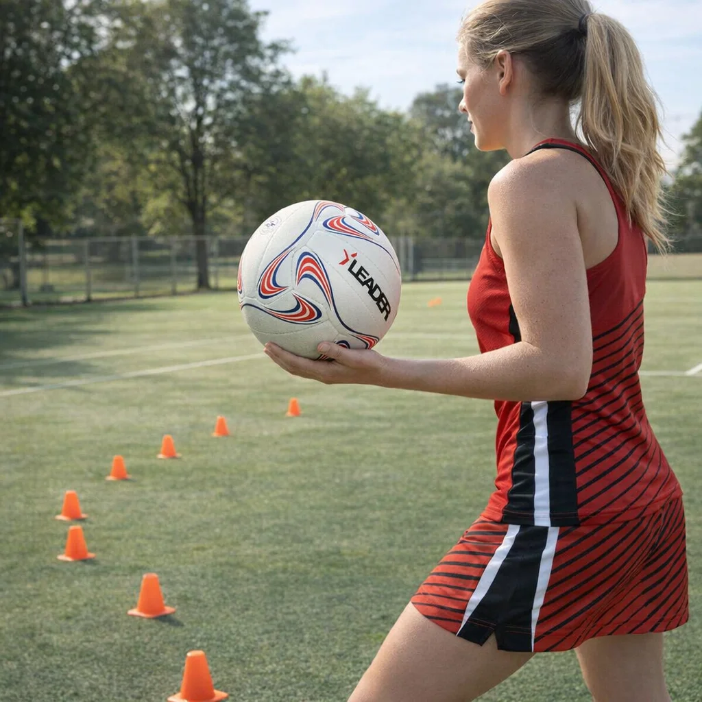 Woman wearing Women's Netball Skirt holds a ball on a field with orange cones.