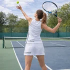 Woman in Women's Tennis Skirts serves on outdoor court in white tennis outfit.
