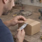 Tradie opening a box with Multi Tool Tradie Key Rings on a workbench.