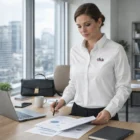 Woman reviews documents at her desk in a Trendswear Parker Women's Poplin Shirt.