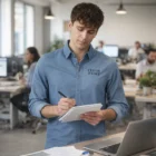 Man in Trendswear Chester Men's Denim Shirt writing in office with colleagues nearby.