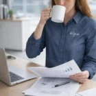 Woman in a Trendswear Chester Women's Denim Shirt enjoys coffee and paperwork at her laptop.