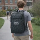 Person with a camo backpack walking on a campus path, buildings in the background.