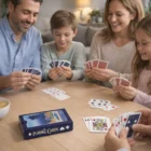 A family of four plays with Playing Cards With Cardboard Cases at a wooden table.