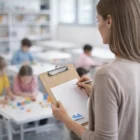 A woman writes on an A4 Bamboo Clipboard while children play with blocks in a classroom.