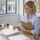 Woman reviews papers at her desk; Classic Clipboards With Wall Hook hang nearby.