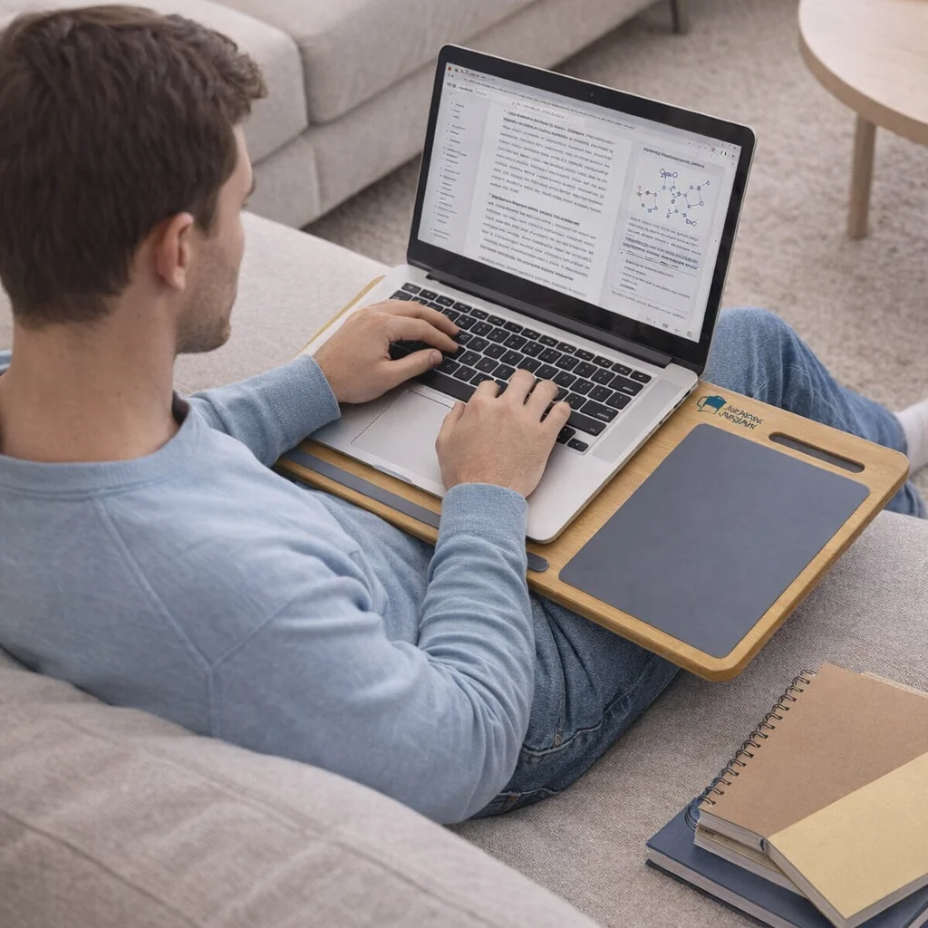 Man using a Bamboo Lap Desks with notebooks on a couch.