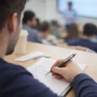 Student takes notes with Xavier Retractable Ball Pens; lecturer is blurred in the background.
