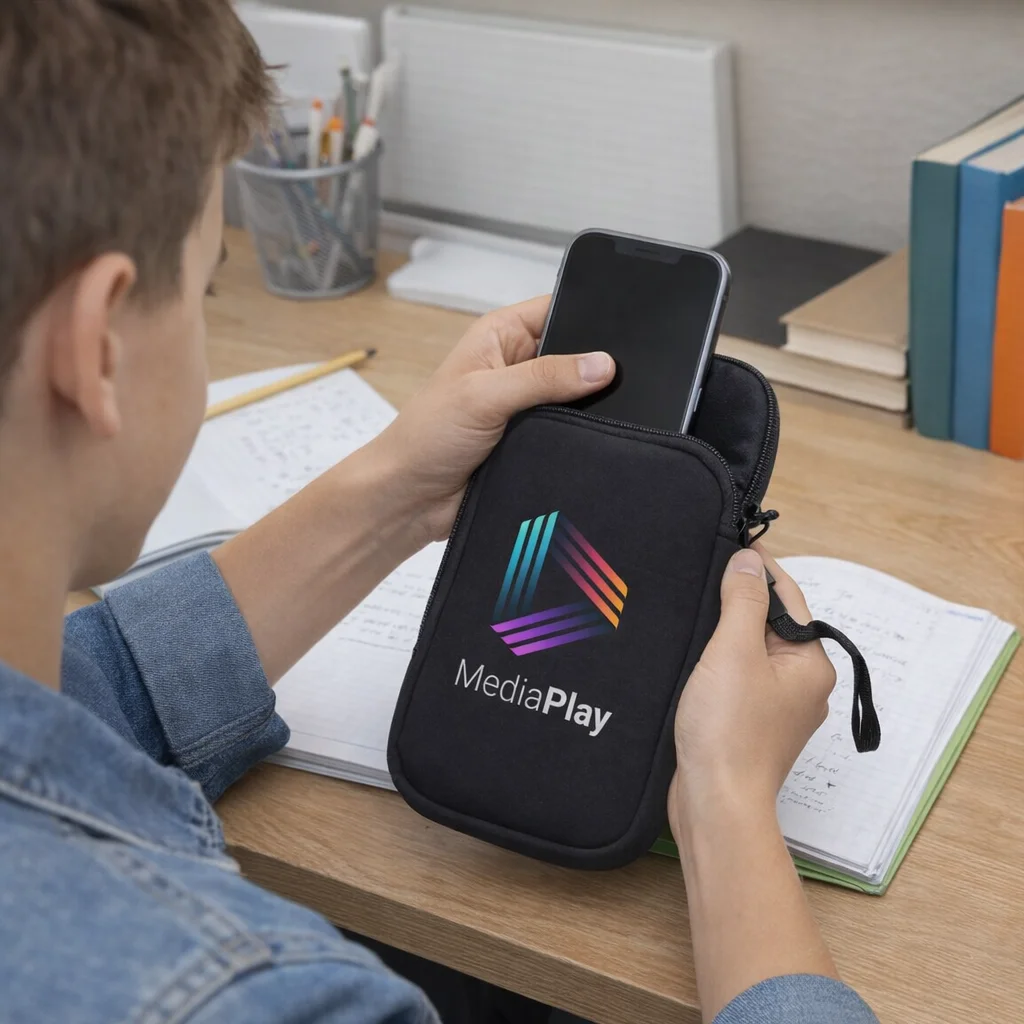 Teen puts phone into black Phone Sleeves With Zippered Closure while studying at desk.