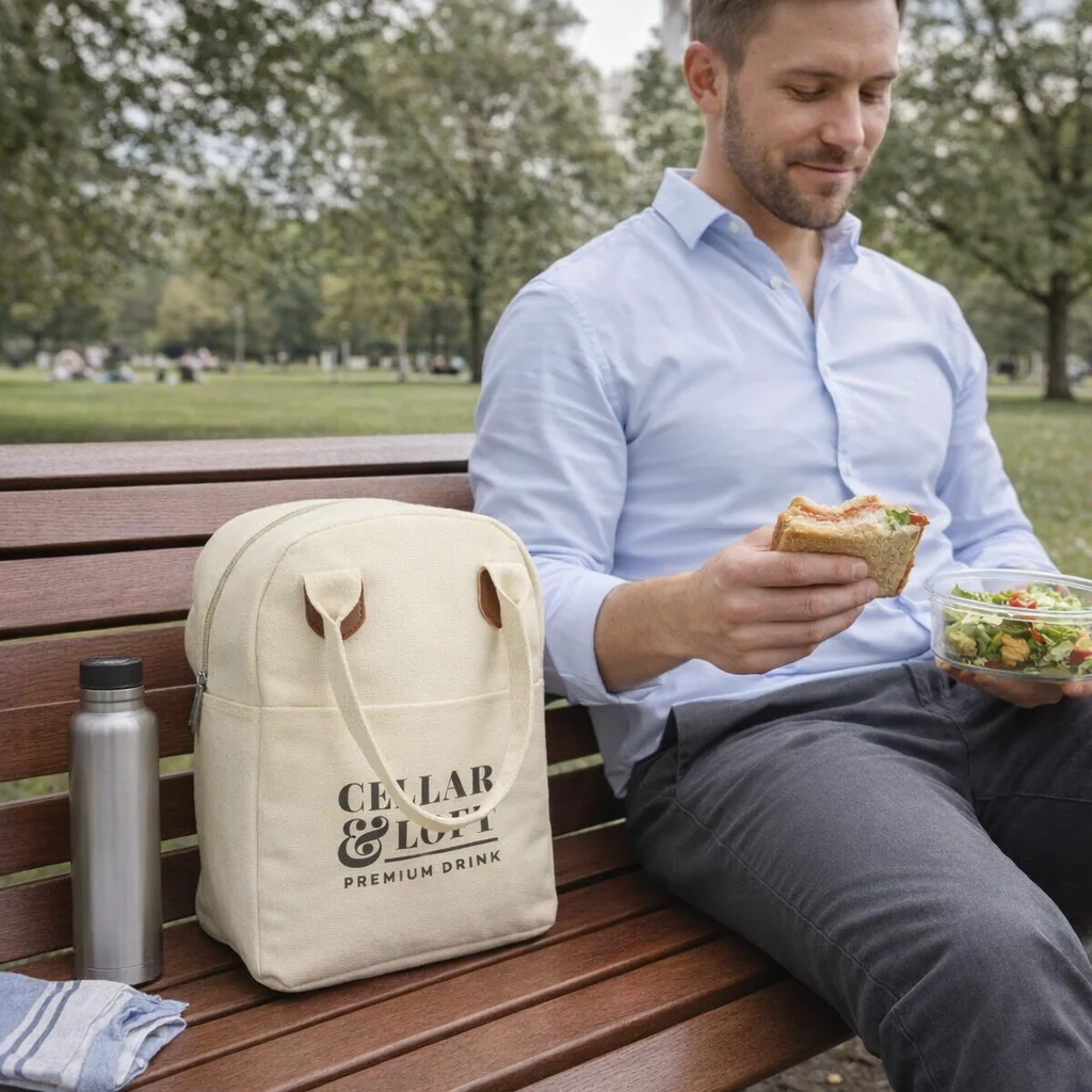 Man eating lunch on a bench with salad, sandwich, water, and an Insulated Cotton Canvas Lunch Bag.