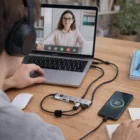 Person on video call at desk with laptop, phone charging, and Convenient USB Hubs connected.