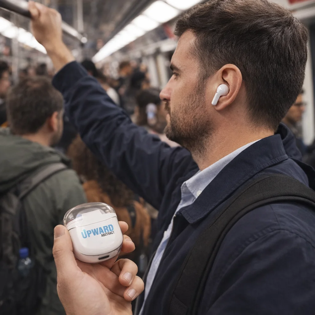 Man on subway with Handy Bluetooth Earbuds, wearing them and holding the earbuds case.