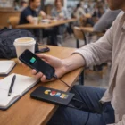 Person charges phone with a 5,000mAh Power Bank at a café table with coffee and a notebook.
