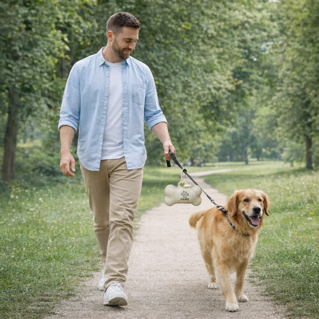 Man walking a golden retriever with Carry-Along Pet Waste Dispenser clipped to his leash.