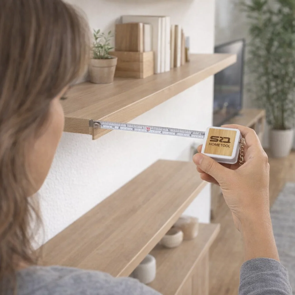 Measuring a shelf with the eco-friendly 1M Bamboo Tape Measure in a minimalist room.
