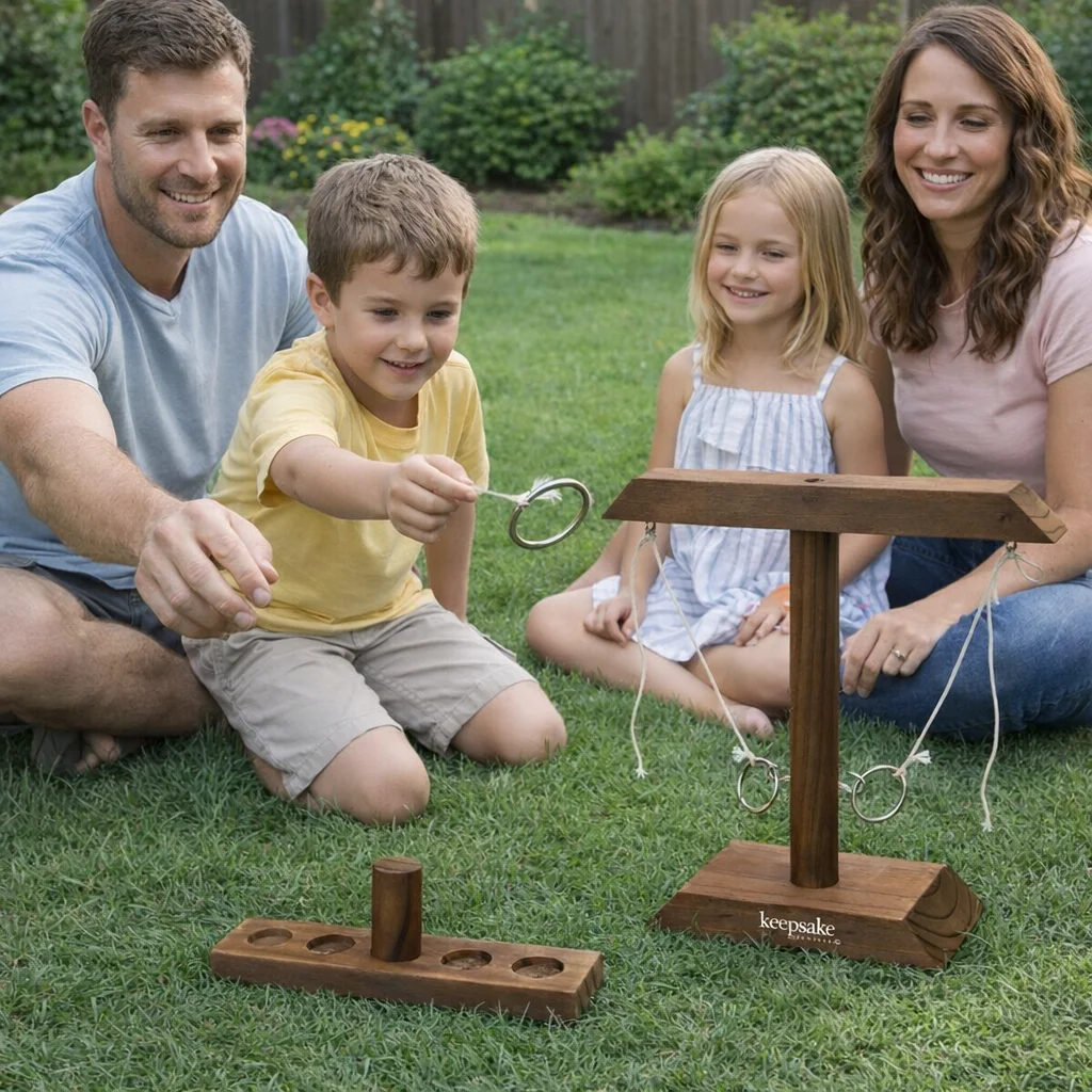 Family enjoying Pine Ring Toss Games together outdoors on the grass, all smiling.