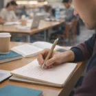 Person writing in a notebook with Kraft Paper Pens at a library table with books and coffee.