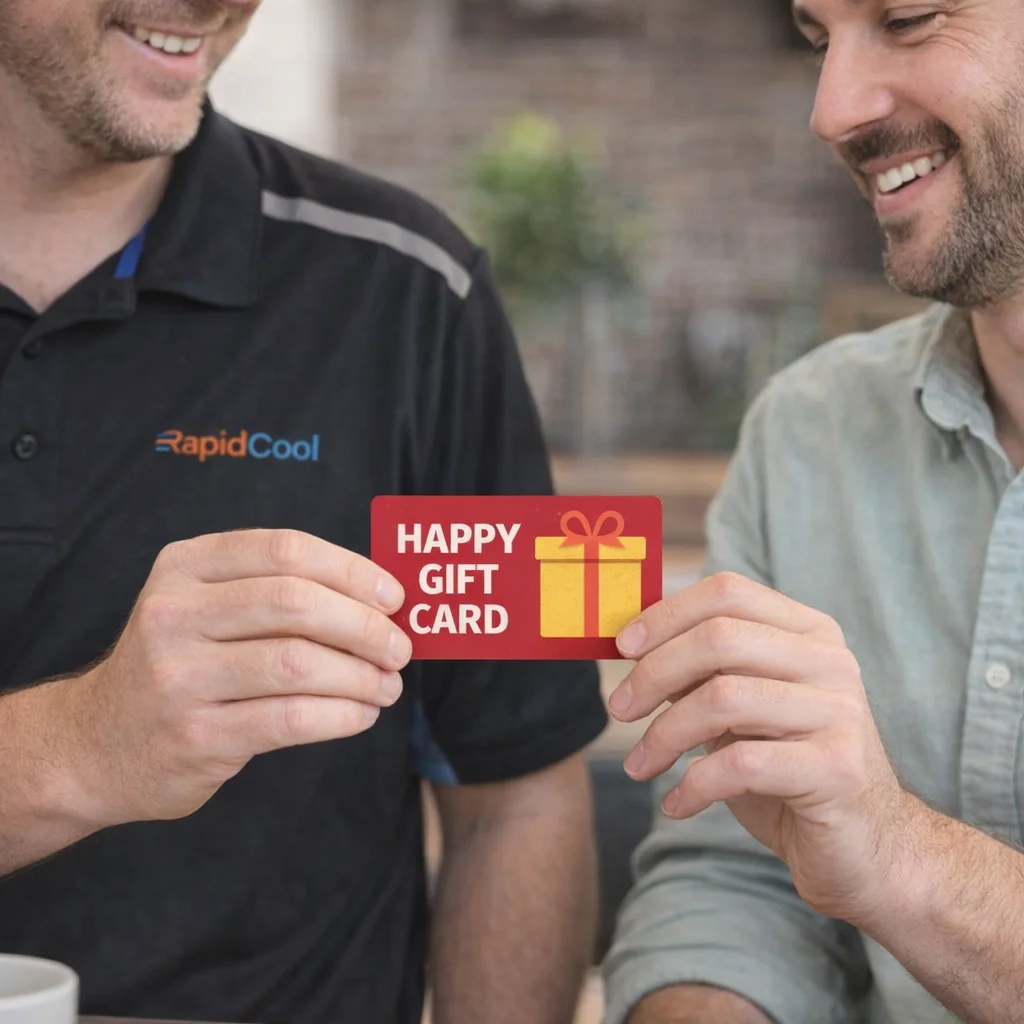 Two men smiling, holding Full Colour PVC ID Cards with a yellow present icon.