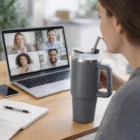 A woman sips from an 800Ml Hydrate Cup during a video call with four people on her laptop.