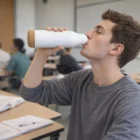 A young man drinks from a 500Ml Vacuum Bottle at his desk, surrounded by books in class.