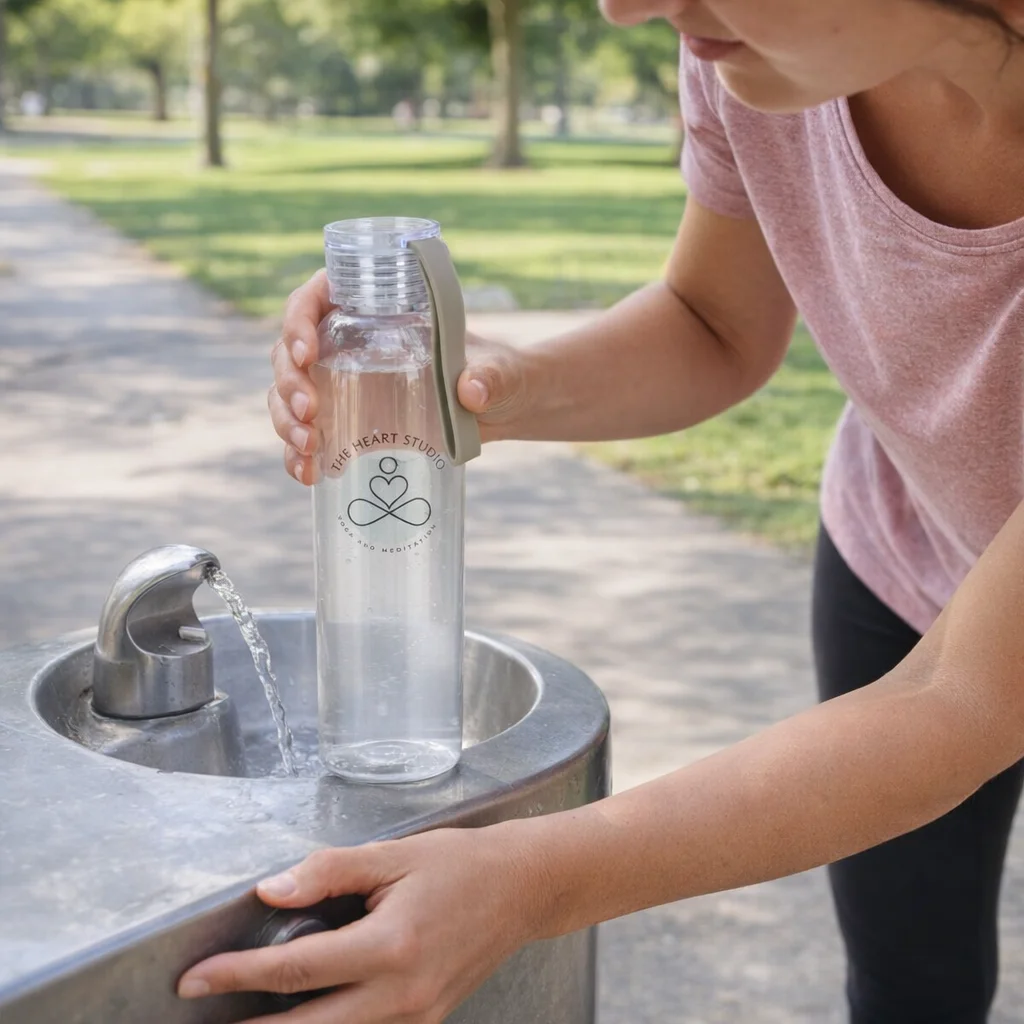 Person fills a 600Ml Rpet Bottle at an outdoor water fountain in a park.