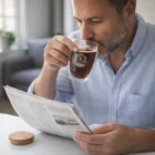 A man in a blue shirt drinks coffee from a Glass Cup Set while reading the newspaper.