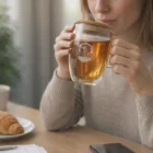 Woman enjoys tea from a 350Ml Glass Set with "Seaside Hotel" label, croissant beside her.