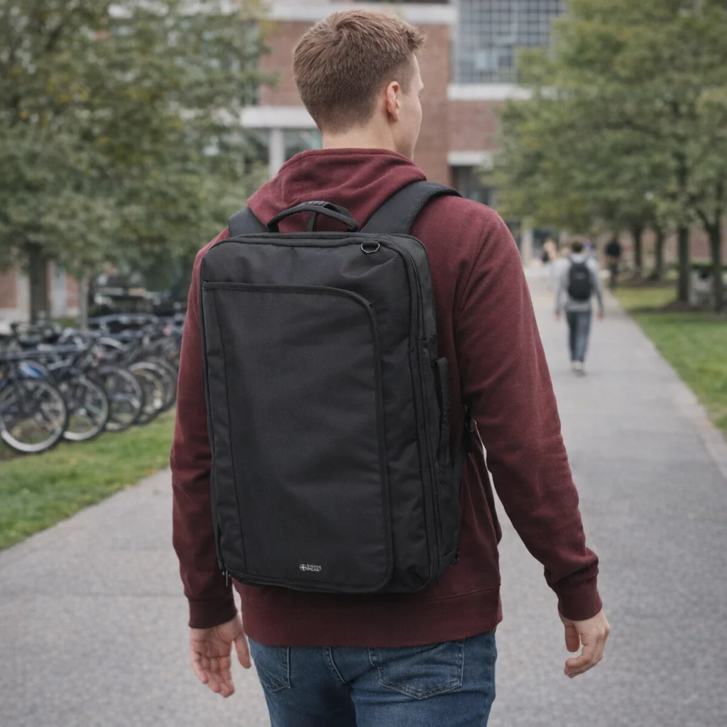 A person in a maroon hoodie walks outside with a large 21L Convertible Backpack.