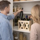 Two people arrange bottles in Double Wine Crates on a pantry shelf with jars behind.