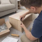 Man assembling wooden furniture with Swiss Pocket Knives, instructions and parts beside him.