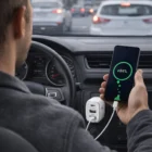 Driver uses Photon Car Chargers; phone screen shows charging at 84% battery.