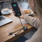 Charging a phone with Braided Lumos Cables at a café table with coffee and a croissant.