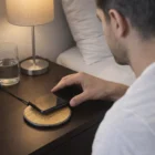 Man placing a smartphone on 15W Bamboo Wireless Chargers on a bedside table by a lamp.