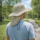Person wearing Upf50 Brim Hat with neck flap, walking on a sunny park path.