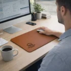 Man using Premium Mouse Mats at desk with coffee and monitor showing charts and graphs.