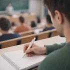 A student uses Recycled Aluminium Pens to take notes in a lecture hall with classmates and teacher.