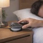 A hand places a phone on the 10W Wireless Chargers on a bedside table near a bed.