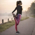 Woman stretches by the water at sunrise wearing Women's Athletics Leggings.