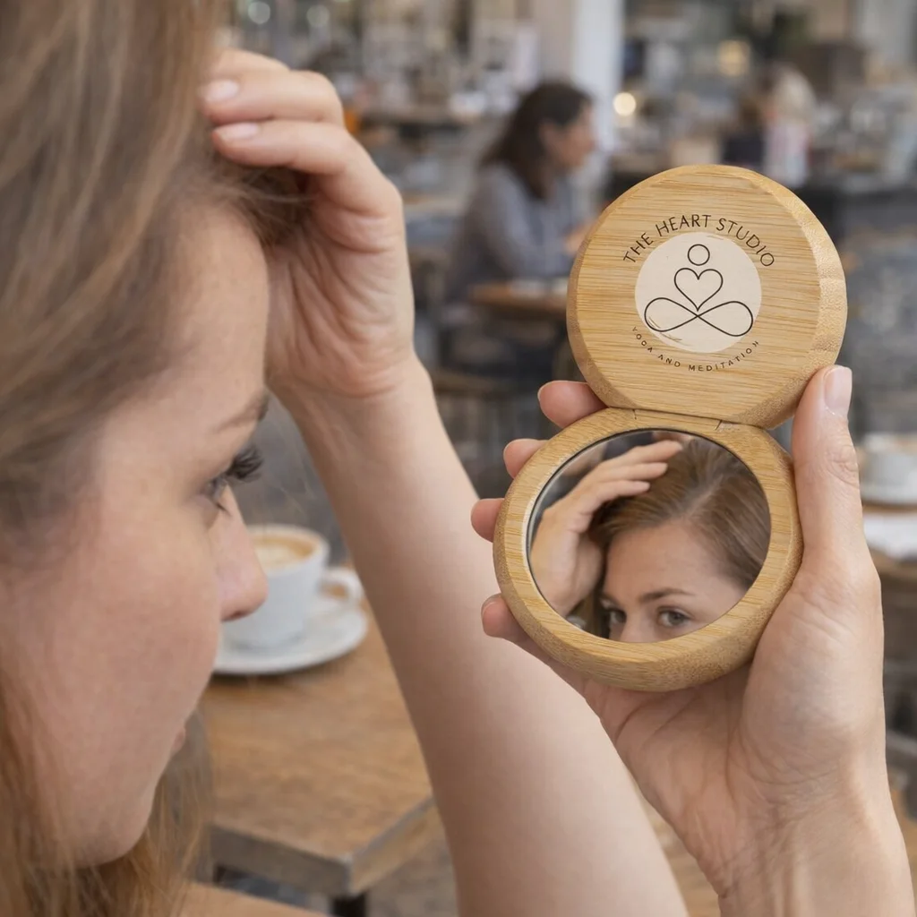 Woman sees her reflection in a Bamboo Brushes And Mirrors piece at a café.