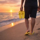 Barefoot stroll at sunset, Summer Tidal Flip Flops yellow and dangling in your hand.