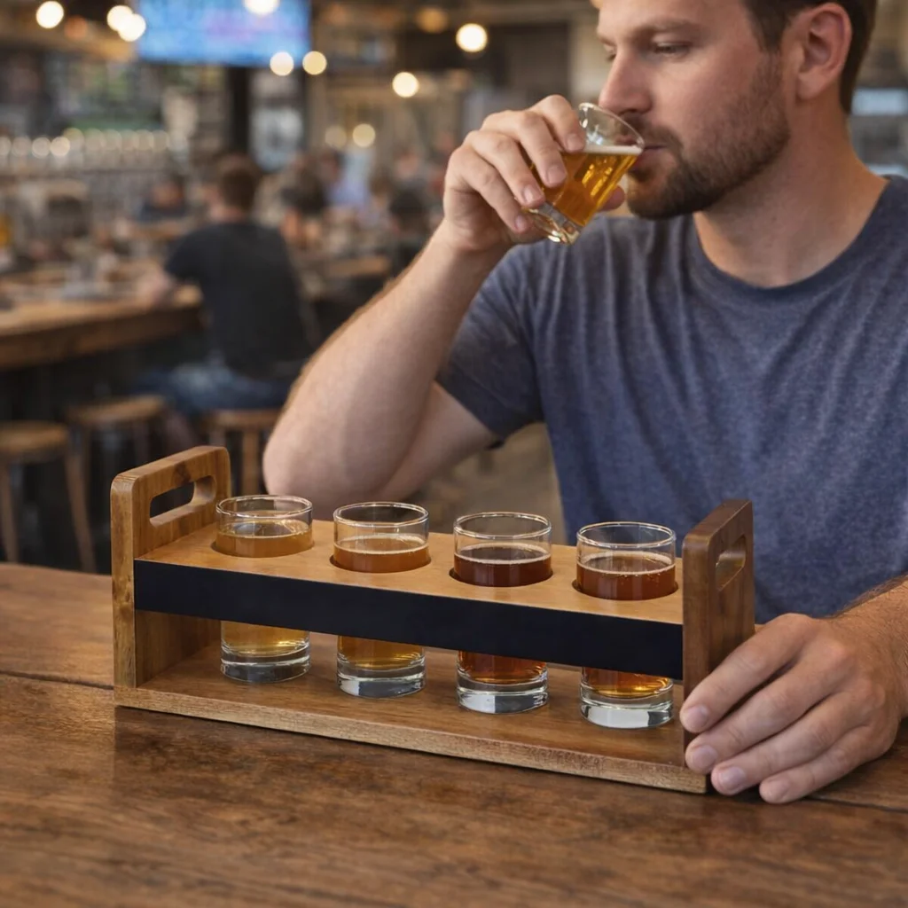 Man sampling five beers on Wood Taster Trays at a brewery.