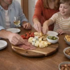 Three people enjoy cheese, meats, and olives on a Wood Lazy Susan charcuterie board.