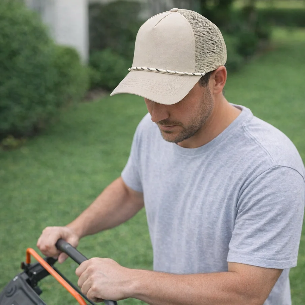 Man in gray shirt and Trucker Structured Cap mowing grass with a lawn mower on a sunny day.