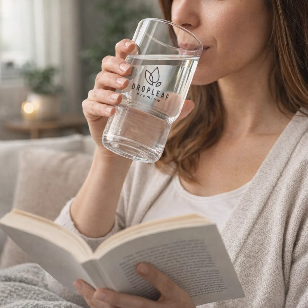 Woman sipping water from Stylish Deco Glasses while reading a book on a cozy couch.