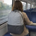 Person with a Two-Tone Backpacks sitting by the train window.