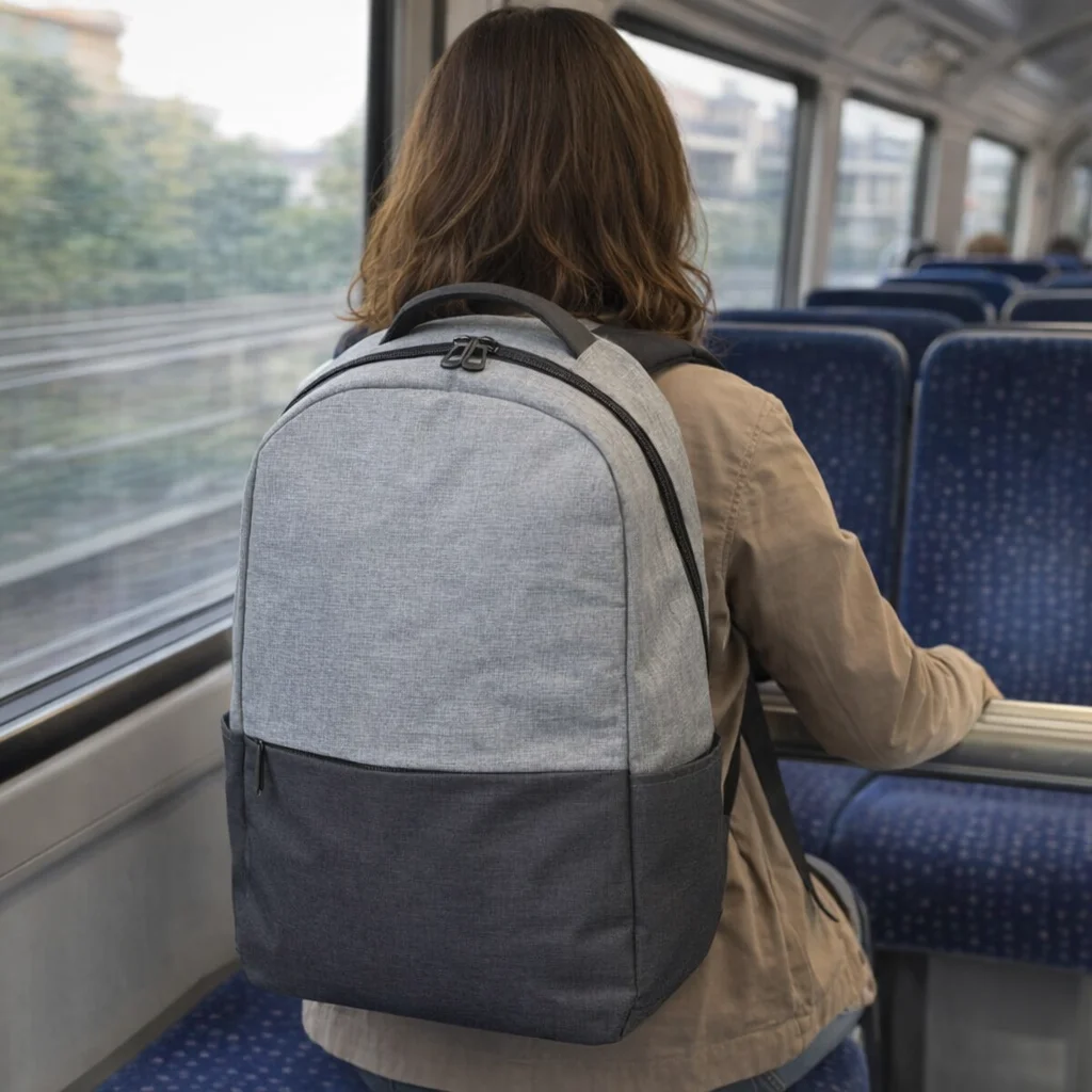 Person with a Two-Tone Backpacks sitting by the train window.