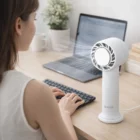 A woman works at her desk with Quiet Cooling Fans gently cooling the air beside her laptop.