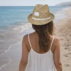 Woman wearing Straw Fedora Hat strolls a sandy beach by the ocean in a white dress.